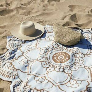 Beach Towel Blue Cotton Floral Lotus Shaped picnic blanket